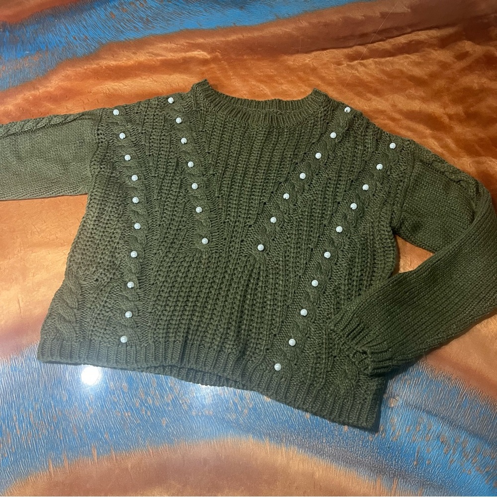 Bongo Green Cable knit Sweater Pearl Embellished size medium